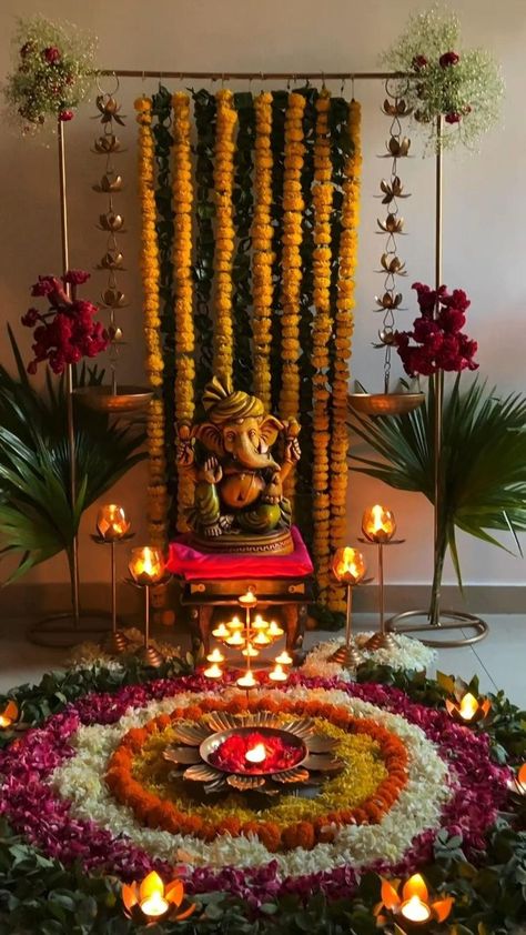 Ganesha Puja Decoration, Diwali Decorations At Home Pooja, Ganesha Pooja Decoration Ideas, Diwali Decoration For Mandir, Ganesh Chaturthi Home Decoration, God Decoration Ideas At Home, Home Puja Decoration, Ganpati Festival Decoration, Ganpati Bappa Home Decoration