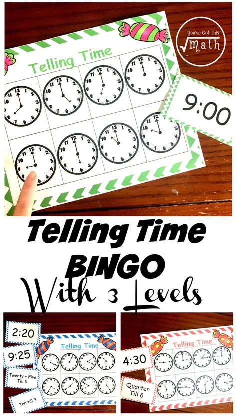 This bingo game is a great telling time for kids activity. With three different levels your kids will work on telling to the hour, then quarter and half hour, and finally to five-minute increments. It also includes word cards like half past and quarter till. Telling Time For Kids, Telling Time Games, Telling Time Activities, How To Tell Time, Telling Time Practice, Time For Kids, Math Activities For Kids, Teaching Time, Math Time