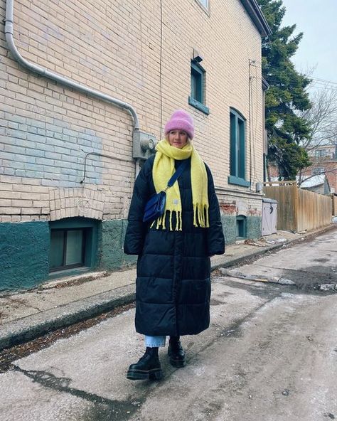 Kate | phd + personal style on Instagram: "Shocking: Cold Climate Fashion Influencer Wears Temperature-Appropriate Outfit, Is Warm Truthfully it can feel a bit sad to put a big warm coat over a cute outfit but the upside is you can wear fun hats! Bright scarves! And underneath you are a mystery! Do not perceive my form! Coat is secondhand ASOS from Depop, @heirloomhats cloud beanie, secondhand @frankandoak scarf, @hvisk bag, vintage jeans, docs. #winteroutfit #coldweatherstyle #scandistyle Winter Outfits Long Puffer, Women Winter Coat Outfit, Interesting Winter Outfits, Snow Season Outfits, Bright Blue Beanie Outfit, Winter Hat And Scarf Outfit, Doc Martens Snow Outfit, Winter Outfits Cold Jackets, Heavy Snow Outfits