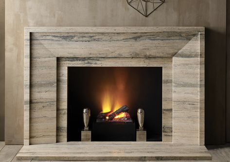 metropolitan-silver-travertine Travertine Fireplace Ideas, Travertine Fireplace Surround, Travertine Fireplace, Contemporary Fireplace Decor, Dream Fireplace, Contemporary Fireplace Designs, Art Deco Fireplace, Silver Travertine, Stone Mantel