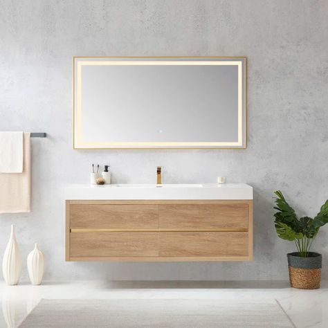 Latitude Run® 60" Wall-Mounted Single Bathroom Vanity Set with Mirror | Wayfair Contemporary Powder Room, Integrated Sink, Wood Bathroom Vanity, Square Sink, Vanity Set With Mirror, White Sink, Bathroom Vanities For Sale, Sink Top, Single Sink Bathroom Vanity