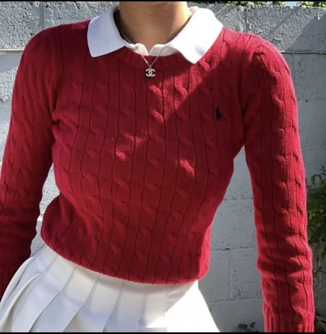 Red Collared Shirt Outfit, Red Ralph Lauren Sweater, Red Ralph Lauren Sweater Outfit, Red Polo Sweater Outfit, Red Polo Outfit, Red Polo Shirt Outfit Women's, Aesthetic Red Outfits, Polo Ralph Lauren Women Outfits, Red Outfit Inspiration