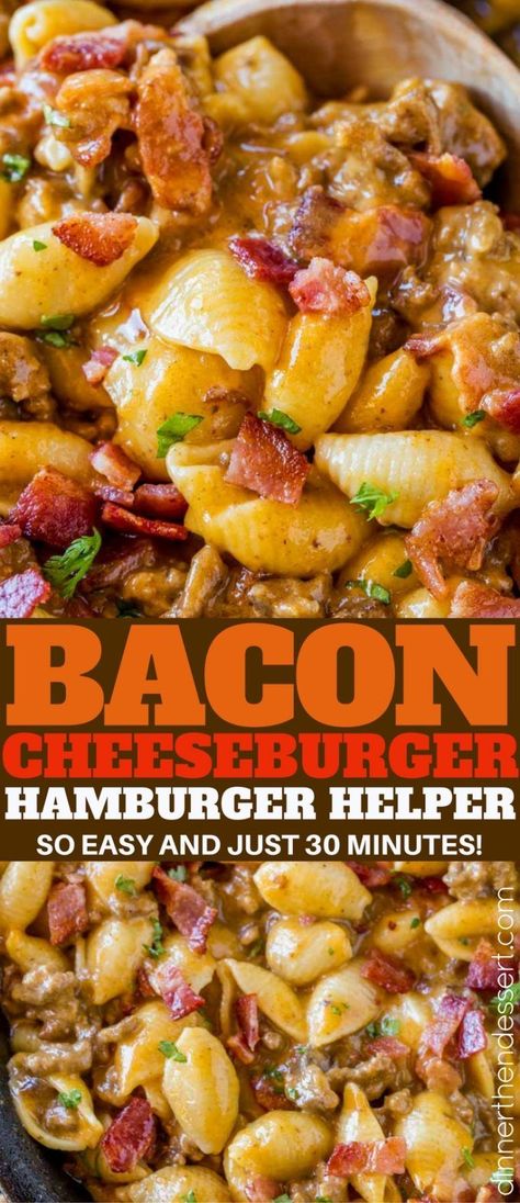 Bacon Cheeseburger Hamburger Helper is full of bacon and cheesy pasta goodness turned into a 30 minute meal perfect for weeknights that the kids will love! Cheeseburger Hamburger Helper, Hamburger Helper Recipes, Cheeseburger Pasta, Hamburger Meat Recipes, Homemade Hamburgers, Hamburger Helper, Beef Casserole Recipes, Cheese Burger, Cheesy Pasta