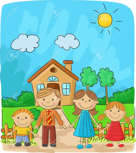 Happy Family Drawing, Family Drawing Illustration, Family Picture Drawing, Family Clip Art, House Clip Art, House Drawing For Kids, Kindergarten Drawing, Drawing Lessons For Kids, Tree Drawings Pencil