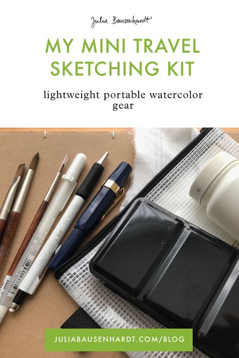 I always try to keep my tools very lightweight and minimal, and I thought it might be interesting to share what I took with me on the trip. A few years ago I shared a similar sketching kit, and my current selection of tools differs only slightly. When I go field sketching in the neighborhood, I try to keep my kit very simple so that it can fit into a fanny pack. For longer daytrips, I usually bring a backpack with a few more things (umbrella, camera, food, sitting mat). Travel Art Kit Diy, Field Sketching, Travel Sketching, Artist Tools, Travel Watercolor, Drawing Kits, Travel Art Kit, Minimal Travel, Sketching Tools