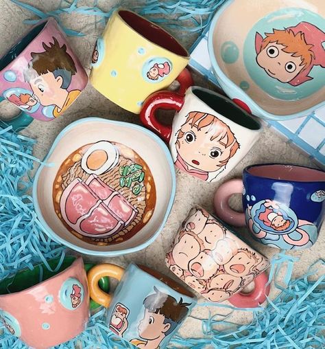 Pottery Painting Ponyo, Ponyo Ceramic Bowl, Studio Ghibli Ceramic Mug, Howls Moving Castle Pottery Painting, Ceramic Cups Painting, Cup Art Ideas, Anime Ceramics Ideas, Ponyo Ceramics, Ponyo Bowl