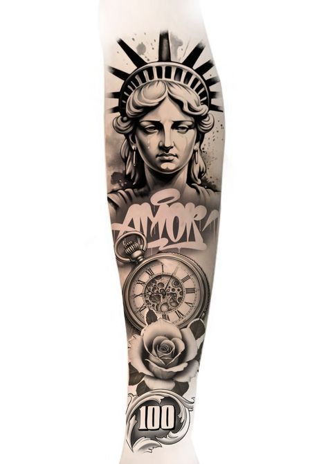 Statue Of Liberty Tattoo Design, Chicana Tattoo Design, Tattoo Biceps, Chicano Tattoo Design, Patient Tattoo, Tattoo Gangster, Statue Of Liberty Tattoo, Arm Tattoos Drawing, Side Wrist Tattoos