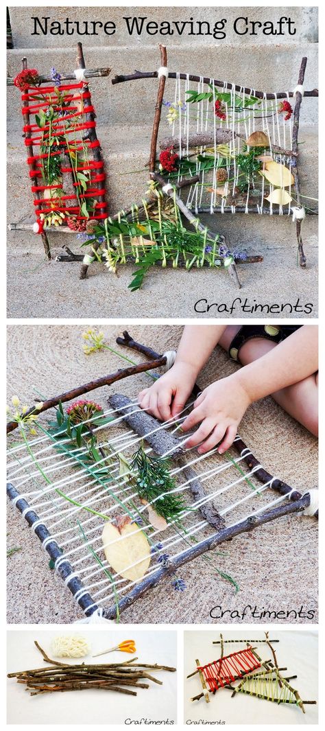 DIY Nature Weaving Tutorial from Craftiments.Teach young kids the basics of weaving with this DIY Nature Weaving Tutorial from Craftiments. All you need are sticks, yarn or rope, and just about anything to weave into your woven piece. Best part? When... Nature Weaving, Nature Hunt, Diy Nature, Nature School, Weaving Tutorial, Deco Nature, Nature Play, Textile Crafts, Weaving Projects