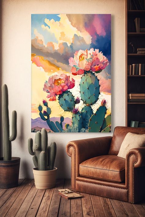 Flower Prickly Pear Cactus Sunset Art Print Watercolor Botanical Desert Wall Art Nature Inspired Sonoran Art Southwest Western Decor - Etsy Boho Cactus Painting, Abstract Western Art, Western Art Paintings, Abstract Sunset Painting, Cactus Flower Painting, Minimal Paintings, Cactus Sunset, Southwest Wall Art, Cactus Paintings