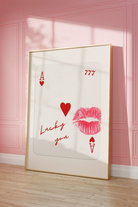 Lucky You Wall Art, 7 Of Hearts Playing Card, Wall Art Y2k, Playing Card Poster, Y2k Decor, Red Wall Decor, Dorm Room Posters, Art Y2k, Hearts Playing Cards