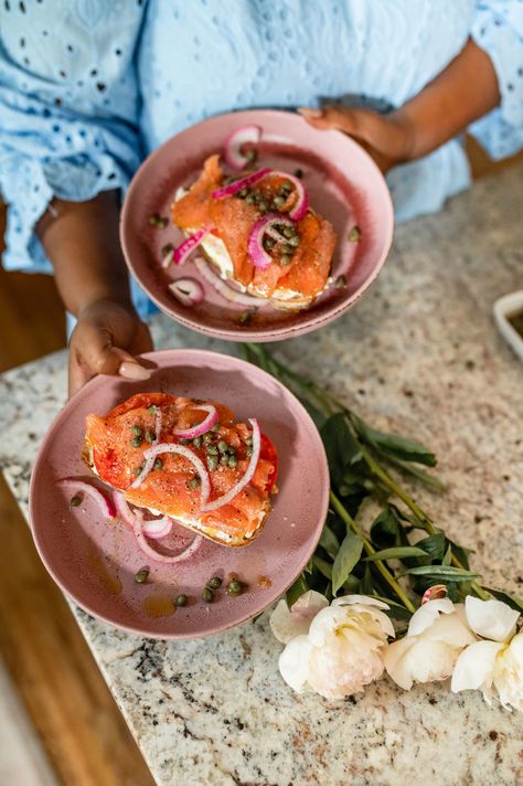 Smoked Salmon Tartine | Rosalynn Daniels Salmon Tartine, Salmon Capers, Lemon Creme, Pickled Onion, Lemon Pickle, Onion Relish, Pickled Onions, Sliced Tomato, Delicious Bread