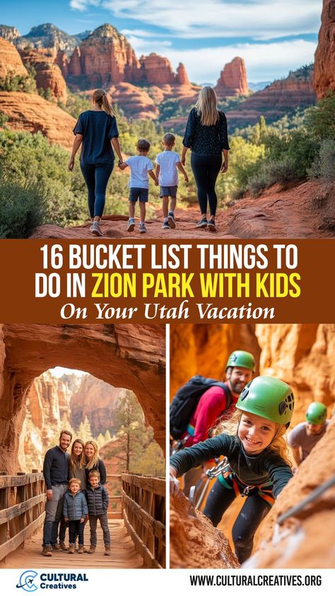 A family enjoys outdoor adventures and scenic hikes in Zion National Park, highlighting 16 bucket list things to do in Zion Park with kids, including exploring red rock trails and engaging in fun activities like rock climbing. 16 Bucket List, Zion Hikes, Zion Utah, Zion Park, Utah Vacation, Zion Canyon, Things To Do With Kids, Hiking With Kids, Family Friendly Activities