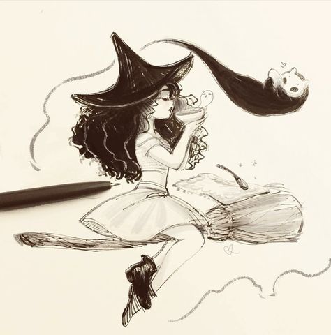 Witch on a broom Witch On A Broom, Cartoon Witch, Witch Drawing, Witch Characters, Witch Tattoo, Anime Witch, A Broom, Small Drawings, Witch Art