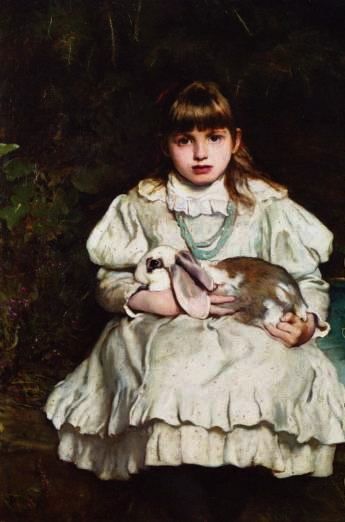 Portrait of a Young Girl Holding Her Pet Rabbit by English painter, Frank Holl Antique Oil Painting Pet Rabbits, Rabbit Pictures, William Adolphe Bouguereau, Rabbit Painting, Vintage Rabbit, Antique Oil Painting, Rabbit Art, Bunny Rabbits, Oil Portrait