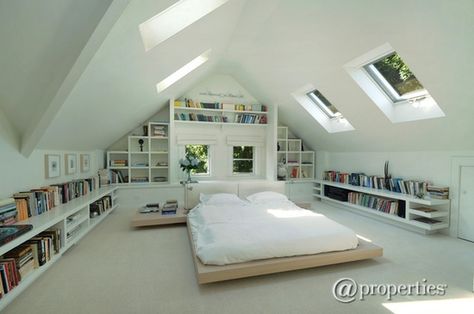 Attic Bedroom; narrow space with good use of shallow walled areas for storage and personal items. Attic Renovation Ideas, Attic Bedroom Designs, Attic Loft, Small Attic, Attic Conversion, Attic Bathroom, Attic Design, Attic Bedrooms, Attic Renovation