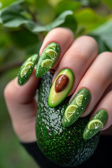 Waffle Nail Art, Mango Nails Design, Avocado Nails Design, Vegetable Nails, Food Nails Designs, Avocado Nail Art, Avocado Nails, Realistic Nail Art, Breakfast Nails