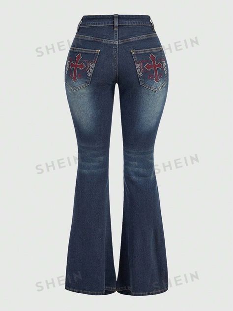 ROMWE Grunge Punk Plus Size Women'S Flared Jeans Decorated With Cross & Hotfix Rhinestones | SHEIN USA Punk Plus Size, Women's Flared Jeans, Womens Flare Jeans, Rhinestone Jeans, Grunge Punk, Bang Bang, Red Cross, Plus Size Jeans, Flared Jeans