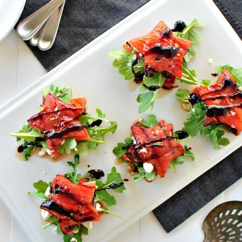 Grilled Watermelon "Caprese" Salad with Cardamom Balsamic Reduction Watermelon Caprese, Watermelon Caprese Salad, Watermelon Uses, Grilled Watermelon, Balsamic Reduction, Summer Bbq, Vegetable Salad, Cheese Cloth, Home Recipes