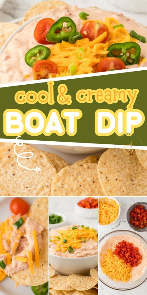 Make this viral TikTok Boat Dip! It's the perfect dip recipe for summertime pool days, lazy days, game day, or parties - a creamy dip with only 6 ingredients - cream cheese, sour cream, taco seasoning, ranch seasoning, diced tomatoes with green chilies, and shredded cheese. Low Sodium Dips Recipes, Memorial Day Dips, Cream Cheese Dip Recipes, Sour Cream Dip Recipes, Boat Dip, Cream Cheese Recipes Dip, Cream Cheese Appetizer, Best Party Appetizers, Boat Days