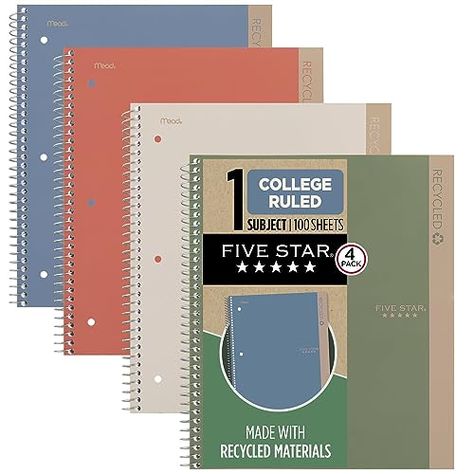 Five Star Spiral Notebooks + Study App, Recycled Cover, 4 Pack, 1 Subject, College Ruled Paper, 8-1/2” x 11", 100 Sheets per Notebook, Zion Clay, Olympic Green, Glacier Blue, Smoky Gray(820046) Five Star Notebook, College Ruled Paper, College Notebook, School Supplies Highschool, School Suplies, Recycled Notebook, Skin Care Routine Order, College School Supplies, Study Stationery