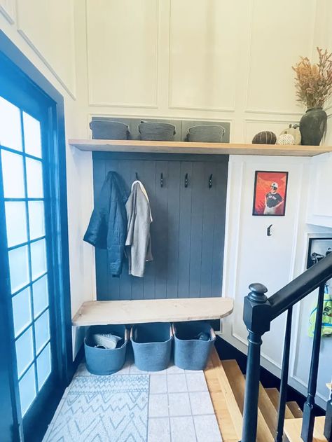 Diy Entry Storage, Mudroom Drop Zone, Entryway Floating Shelves, Split Level Entry, Split Entry Remodel, Split Level Entryway, Split Level Home, Entry Storage, Long Floating Shelves