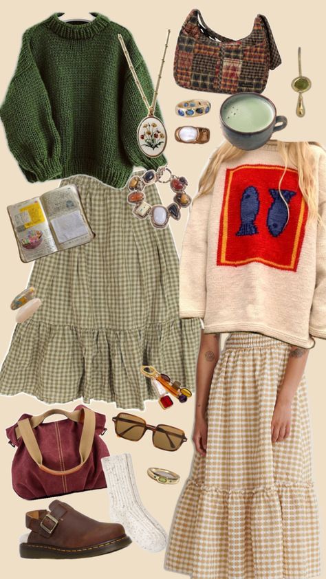 #autumn #gingham #skirts #sweater #jewelry #vintage #collage Sweater Jewelry, Outfit Collage, Vintage Collage, Mode Inspo, 가을 패션, Outfit Inspo Fall, Mode Inspiration, Lookbook Outfits, Dream Clothes