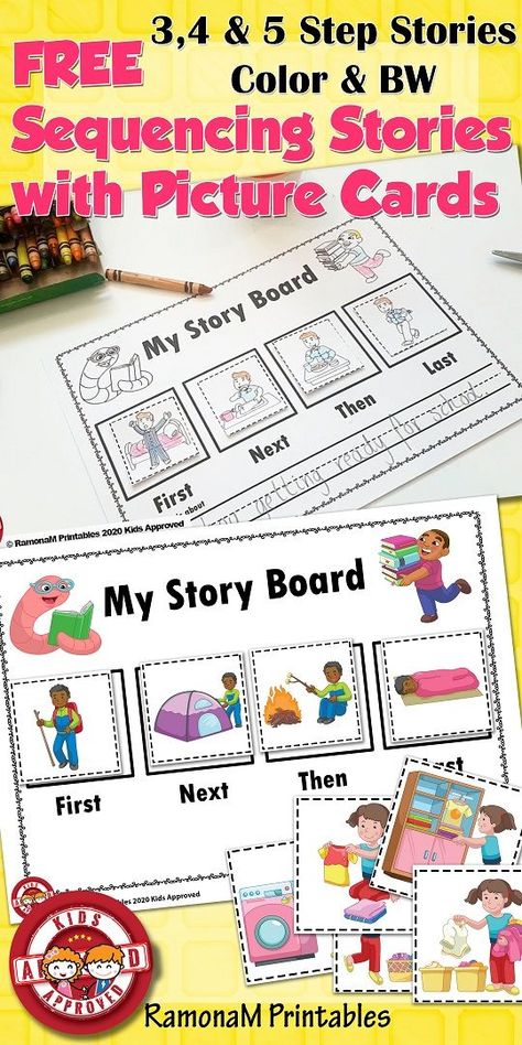 FREE 3 step sequencing stories with picture cards. These sequencing boards and story cards are a fun, hands on and engaging way for the young learner to practice their sequencing skills. Also have 4 and 5 steps and 15 stories available.  #ramonaM #ramonamprintables #kidsapproved #sequencing #sequencingstories #education #literacy Sequence Story Pictures Free Printable, Sequencing Story Activities, Sequencing Story Cards Free Printable, Story Sequence Pictures For Kids, Tell A Story With Pictures, 3 Step Sequencing, Sequencing Activities Preschool, Sequencing Kindergarten, Story Sequencing Pictures