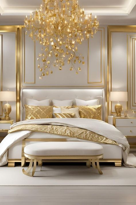 Gold Themed Bedroom, Cream And Gold Bedroom, White And Gold Bedroom, White Gold Bedroom, Grey And Gold Bedroom, Blue And Gold Bedroom, Classic Bedroom Decor, Fall Bedroom Ideas, Rose Gold Bedroom