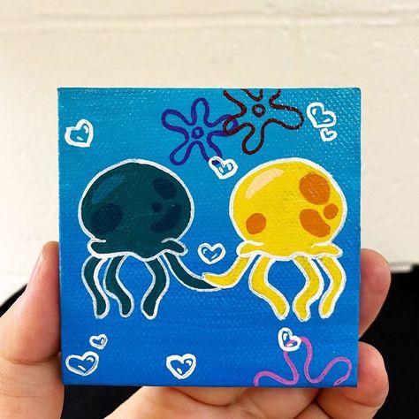 Spongebob Jellyfish Painting, Painting Spongebob, In Love Painting, Spongebob Jellyfish, Jellyfish Painting, Trippy Painting, Posca Art, Small Canvas Paintings, Hippie Painting