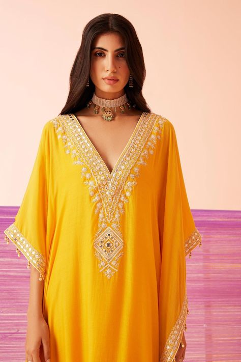 Buy Sureena Chowdhri Yellow Muslin Starry Day Embroidered Yoke Kaftan Online | Aza Fashions Sureena Chowdhri, Yellow Kaftan, Haldi Ceremony Outfit, Mango Clothing, Haldi Outfits, Kaftan For Women, Flower Machine Embroidery Designs, Kurta Neck Design, Indian Dresses Traditional