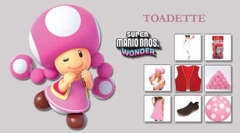 TOADETTE COSTUME FROM SUPER MARIO BROS. WONDER Easy Diy Mario Character Costumes, Mario Bros Toad Costume, Toad And Toadette Costume, Mario Dog Costume, Toad And Toadette Costume Diy, Super Mario Characters Costumes, Toadette Costume Diy, Toadette Diy Costume, Super Mario Bros Toad Costume