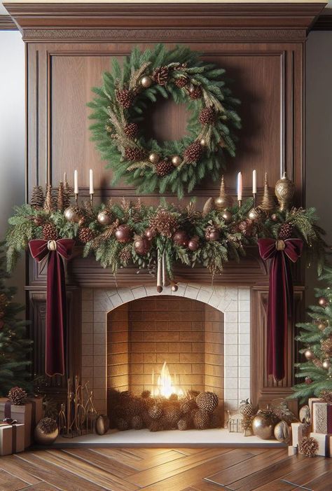 Christmas Decor Fireplace No Mantel, How To Decorate Christmas Mantle, Harry Potter Christmas Mantel, Diy Christmas Fireplace Decorations, Garland On Fireplace Mantels, Mantles For Christmas, Luxury Christmas Decor Interior Design, Hotel Christmas Decorations Lobbies, Xmas Fireplace Decor