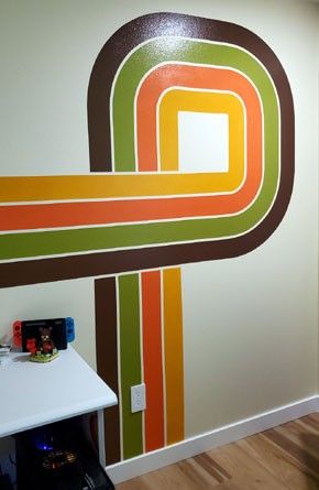 Supergraphics Design, 70s Stripe Wall, Retro Accent Wall, Diy Furniture Upholstery, Stripe Wall, 70s Inspired, Furniture Upholstery, Accent Wall, Diy Furniture