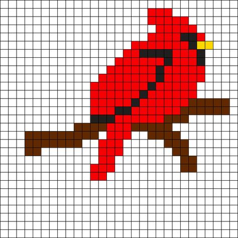 Knit Cardinal Pattern, Perler Cardinal, Perler Bead Cardinal, Cardinal Pixel Art, Beaded Cardinal Pattern, Fuse Bead Animals, Cardinal Perler Bead Patterns, Perler Beads Birds, Easy Fuse Bead Patterns