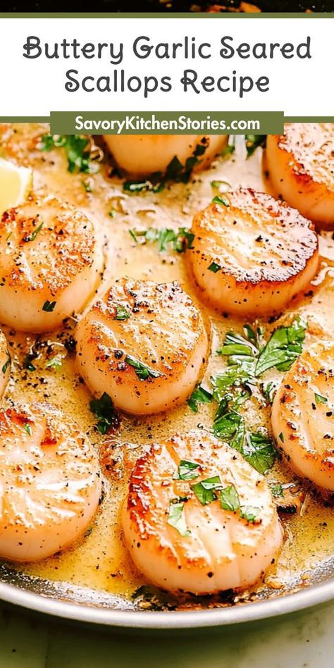 Want to elevate your dinner with a mouthwatering seafood dish? Our Buttery Garlic Seared Scallops Recipe is simple to follow and delivers restaurant-quality results at home. Pin this recipe now for your next scallops dinner idea that will wow your taste buds! Scallops Dinner, Garlic Scallops Recipe, Best Scallop Recipe, Seared Scallops Recipe, Easy Scallop Recipes, Scallops Recipe, How To Cook Scallops, Scallop Dishes, Fish Dinner Recipes