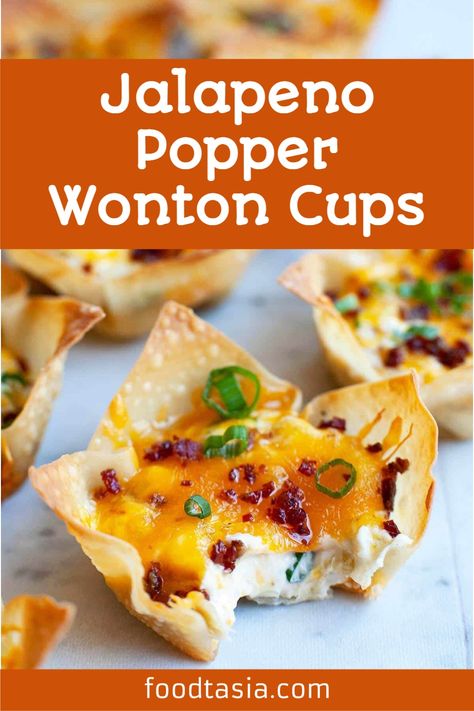 Jalapeno Popper Wonton Cups – delicious little bites of cream cheese, cheddar, sour cream, and bacon baked in crispy wonton wrapper cups. The perfect party appetizer and game day snack recipe! Jalapeno Wonton Poppers, Wonton Wrapper Recipes, Dinner Recipes For Two Healthy, Crispy Wonton, Wonton Cups, Dinner Recipes For Family Healthy, Recipes For Two Healthy, Healthy Dinner Recipes Crockpot, Healthy Dinner Recipes Vegetarian