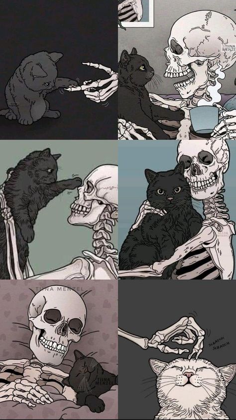 Cartoon Skeleton Wallpaper, Grunge Cat Wallpaper, Skeleton Love Wallpaper, Cat Background Aesthetic, Women Wallpaper Aesthetic, Edgy Wallpaper Desktop, Skeletons Wallpaper Aesthetic, Quirky Wallpaper, Good Phone Backgrounds