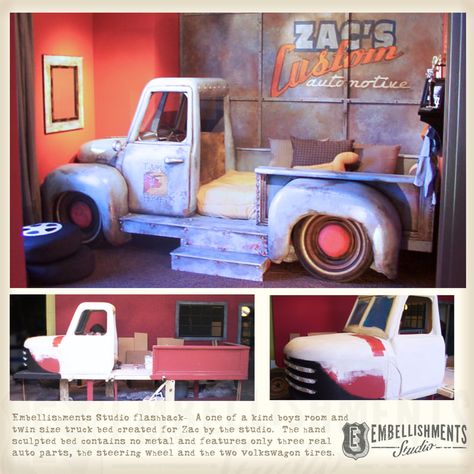 Can You Build A Boys Twin Truck Bed ... Garage Theme Bedroom, Boys Truck Bedroom, Kids Truck Bed, Truck Toddler Bed, Garage Theme, Truck Bedroom, Boys Bed, Diy Toddler Bed, Motorcycle Baby