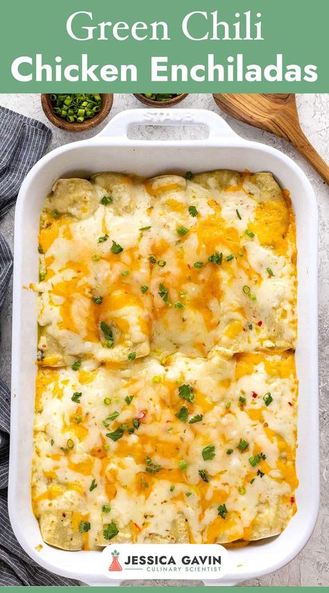 Indulge in my flavorful green chili chicken enchiladas recipe! Stuffed with tender chicken, melty cheese, and a zesty green chili sauce, this dish is the ultimate comfort food. Perfect for dinner or meal prep, these enchiladas are a crowd-pleaser! #enchiladas #chickenrecipes #mexicanfood via @foodiegavin Green Chili And Chicken Recipes, Hatch Chili Chicken Enchiladas, Chicken With Green Chilis, Green Chili Chicken Enchiladas Recipe, Green Chili Cream Cheese Enchiladas, Cottage Cheese Chicken Enchiladas, Cream Cheese Chicken Enchiladas With Green Sauce, Chicken Enchiladas With Green Sauce Easy, Chicken And Green Chili Recipes