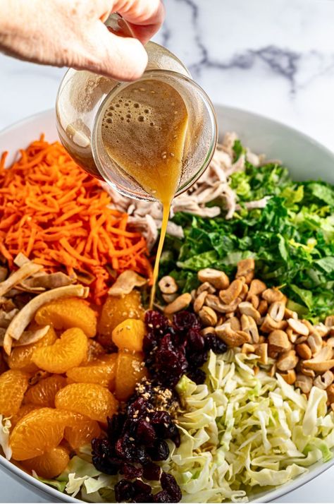 Quick & Easy Chinese Chicken Salad – Tastilly Orange Chicken Salad Recipe, Asian Mandarin Salad, Asian Mandarin Orange Salad, Sesame Ginger Chicken Salad, Asian Salad With Mandarin Oranges, Orange Sesame Chicken Salad, Easy Chinese Chicken Salad, Thanksgiving Snacks Appetizers, Chinese Chicken Salad Dressing