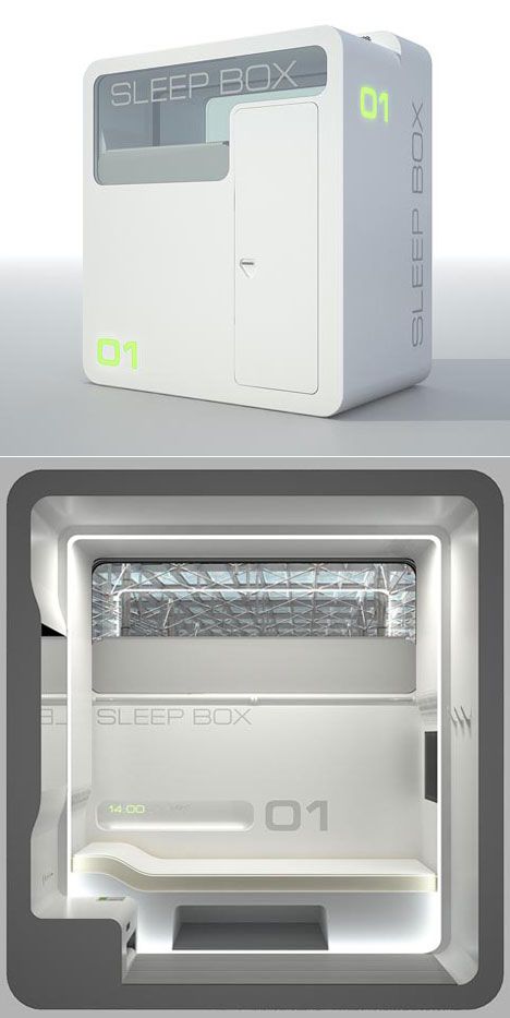 The Sleep Box: Sleeping capsules for rent concept will require a well-behaved public - Core77 Sleep Capsule, Mobile Kiosk, Sleep Box, Sleeping Pods, Attic Ideas, Pod House, Capsule Hotel, Perfect Bed, Social Design