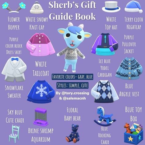 Sherb Gift Guide Animal Crossing Island Ideas Layout, Sherb Acnh, Froggy Crossing, Animal Crossing Gift Guide, Acnh Gift Guide, Animal Crossing Tips, Acnh Villagers, My Lovely Friend, Animal Crossing Funny