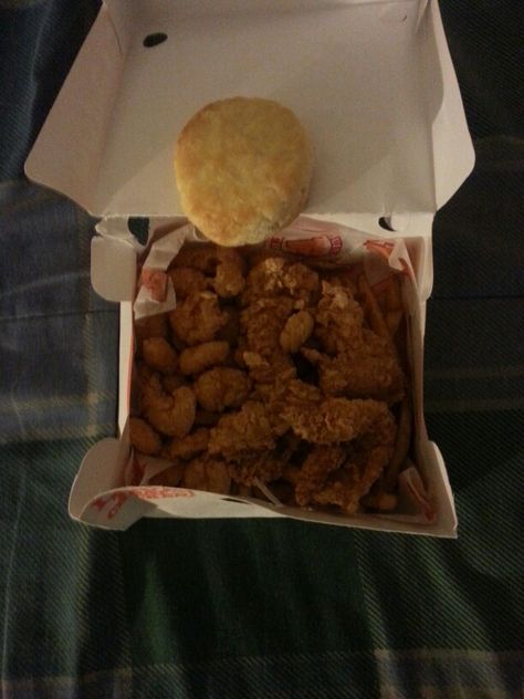 Butterfly Shrimp, Chicken Tenders, French Fries & An Biscuit from Popeye's. #Shrimp #Chicken #FrenchFries #Biscuit #Popeyes Popeyes Tenders, Popeyes Shrimp, Butterfly Shrimp, Beautiful Pantry, Popcorn Shrimp, Chicken And Biscuits, Food Aesthetics, Food Therapy, Allergy Free Recipes