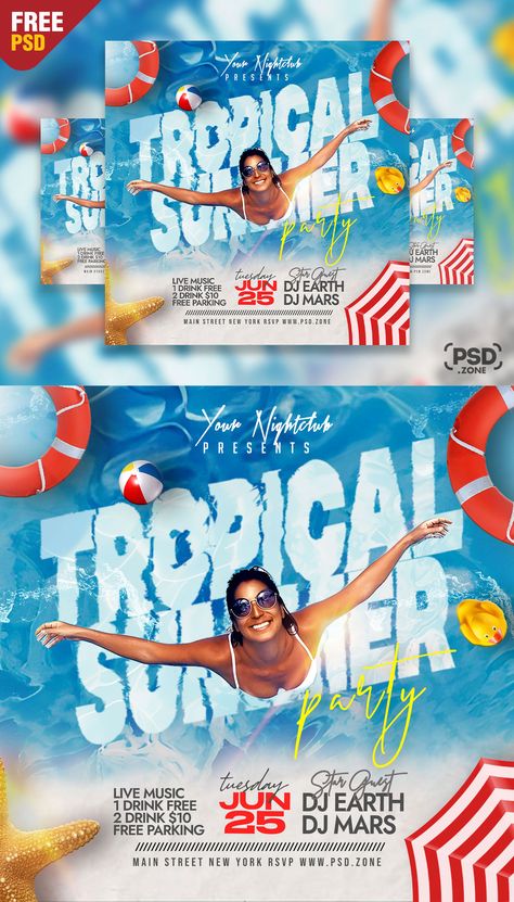 I’m excited to offer you an amazing opportunity to download a Free PSD template for your upcoming Beach Party. This Free Tropical Party Night Club Instagram Post PSD is the perfect choice for various summer events, including parties, beach gatherings, poolside celebrations, festivals, live music events and more. Its versatility allows you to utilize it as a flyer, invitation, poster, announcement, or any other promotional material. Beach Party Flyer Design, Summer Design Poster, Beach Poster Design, Beach Party Poster, Summer Party Poster, Beach Party Flyer, Invitation Poster, Free Psd Flyer Templates, Party Night Club