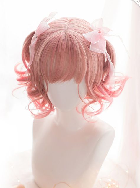 Pink Gradient Short Curly Hair Air bangs Sweet Lolita Wigs Pink Short Hair, Wig Sale, Light Pink Hair, Kawaii Wigs, Air Bangs, Double Ponytail, Anime Wigs, Kawaii Hairstyles, Bangs Short