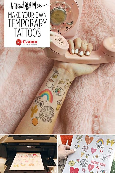 Turn your printer into a custom temporary tattoo parlor with @abeautifulmess. #CraftywithCanon Diy Tattoos, Updo Tutorials, Make Temporary Tattoo, Medium Hairstyle, Tattoo Diy, Tattoos Infinity, Stick N Poke, Tattoo Parlor, Custom Temporary Tattoos