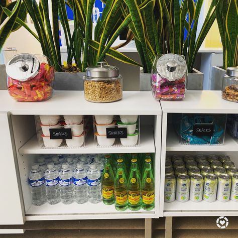 Corporate Snack Station, Conference Room Snack Bar, Classroom Snack Bar Ideas, Office Snack Bar Ideas Coffee Stations, Snack Area In Salon, Office Candy Bowl Ideas Desks, Coffee Station Work Offices, Staff Snack Station, Home Office Snack Station