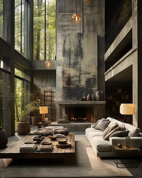 Brutalist Living Room, Modern Mountain House Plans, Modern Mountain House, Forest Home, Modern Apartment Design, Japandi Living, Famous Interior Designers, Luxury Living Room Design, Lounge Design