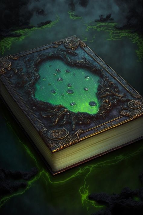 Grimoire Book Fantasy Art, Spellbook Fantasy Art, Fantasy Grimoire, Magic Book Art, Fantasy Books Magic, Episode Backgrounds, Green Magic, Sketchbook Cover, Magick Book