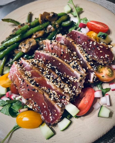 Sesame Crusted Soy Glazed Ahi Tuna — Gouda & Ganache Sesame Crusted Tuna, Ahi Tuna Steak, Lemon Salt, Ahi Tuna, Tuna Steaks, Vegetable Stir Fry, Arugula Salad, Sesame Seeds, Arugula